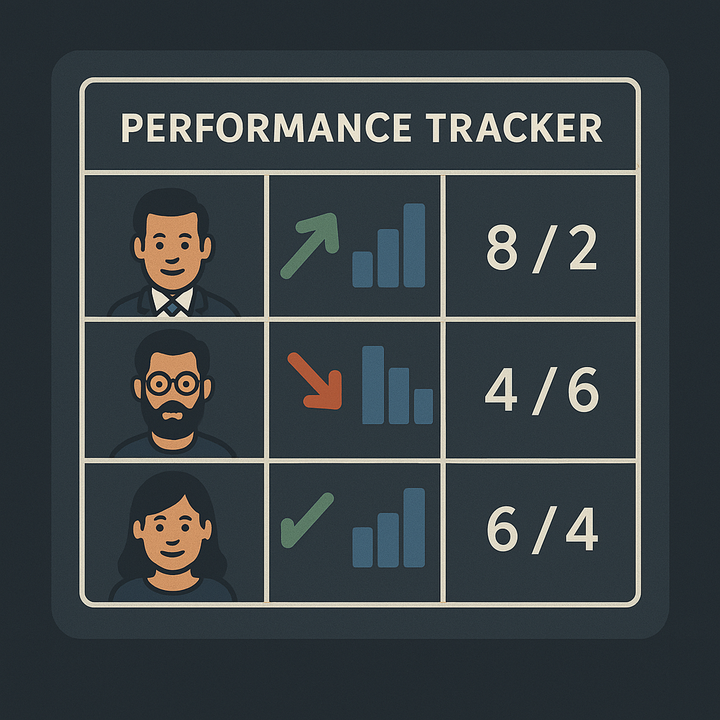 Illustration: Performance tracker showing three influencer icons with results like up/down arrows and accuracy scores